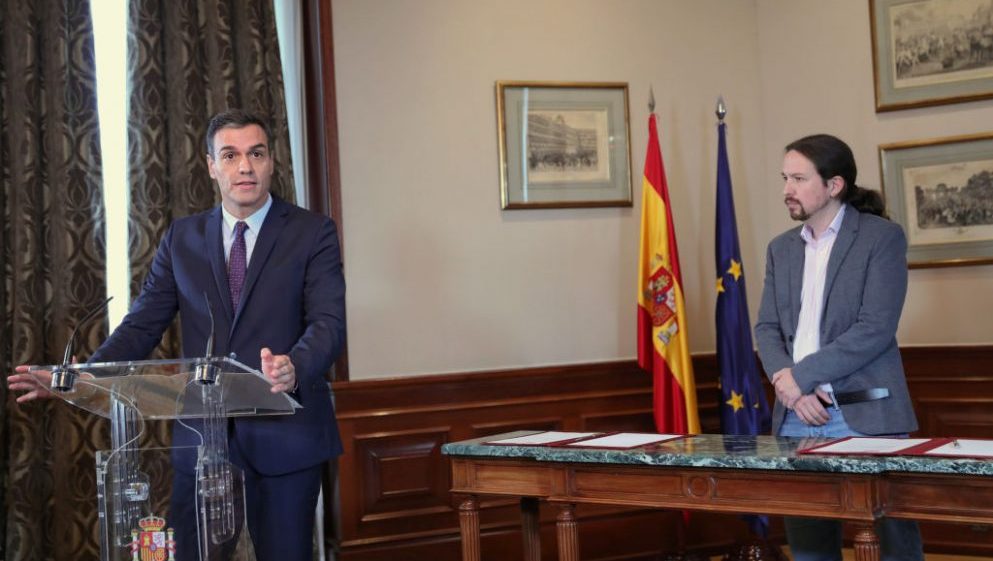 Pedro Sánchez y Pablo Iglesias en el momento del anuncio del preacuerdo de Gobierno @Getty