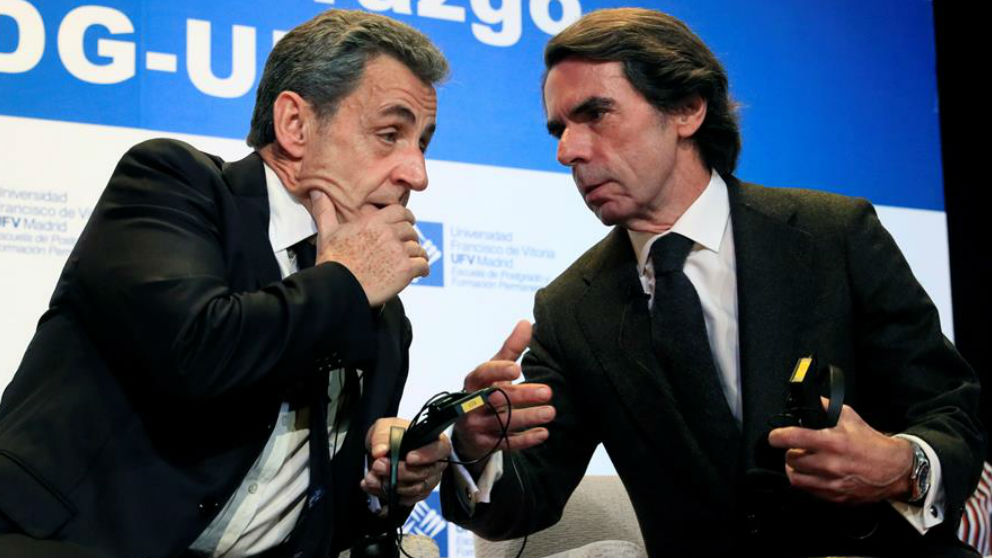 José María Aznar y Nicolás Sarkozy, hoy en Madrid. (Efe)