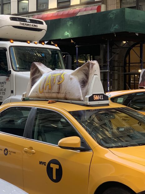 un taxi de Nueva York con orejas de gato para promocionar el estreno de 'Cats', la adaptación cinematográfica del famoso musical de Andrew Lloyd Webber.  Foto: @Dominic_Criso | Twitter