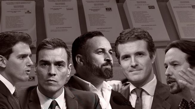 Albert Rivera (C's), Pedro Sánchez (PSOE), Santiago Abascal (VOX), Pablo Casado (PP) y Pablo Iglesias (Podemos), los líderes de los cinco partidos políticos mayoritarios de cara a las elecciones del 10-N.