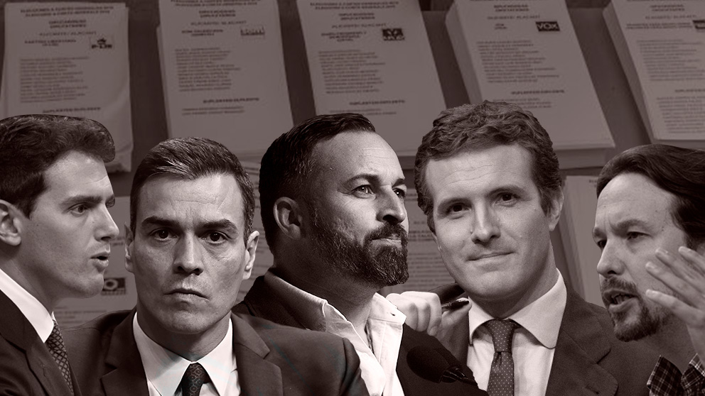 Albert Rivera (C’s), Pedro Sánchez (PSOE), Santiago Abascal (VOX), Pablo Casado (PP) y Pablo Iglesias (Podemos), los líderes de los cinco partidos políticos mayoritarios de cara a las elecciones del 10-N.