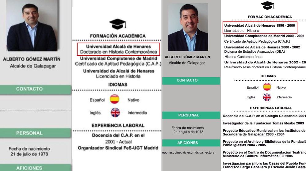 Antes y después del currículum del alcalde de Galapagar.