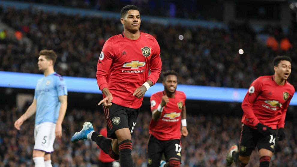 Rashford celebra su gol ante el Manchester CIty. (Getty)