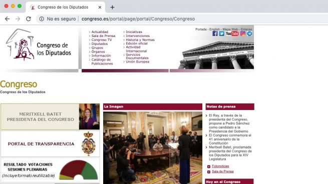Portada actual de la web del Congreso de los Diputados.