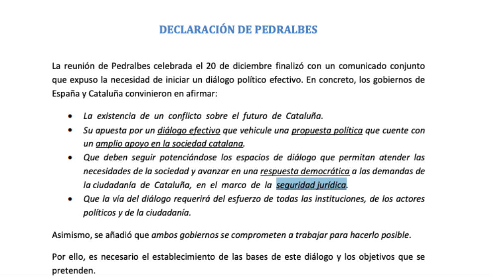 La ‘Declaración de Pedralbes’, firmada por Pedro Sánchez y Quim Torra.