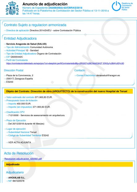 Contrato adjudicado a la empresa 'Arquilab SL'.