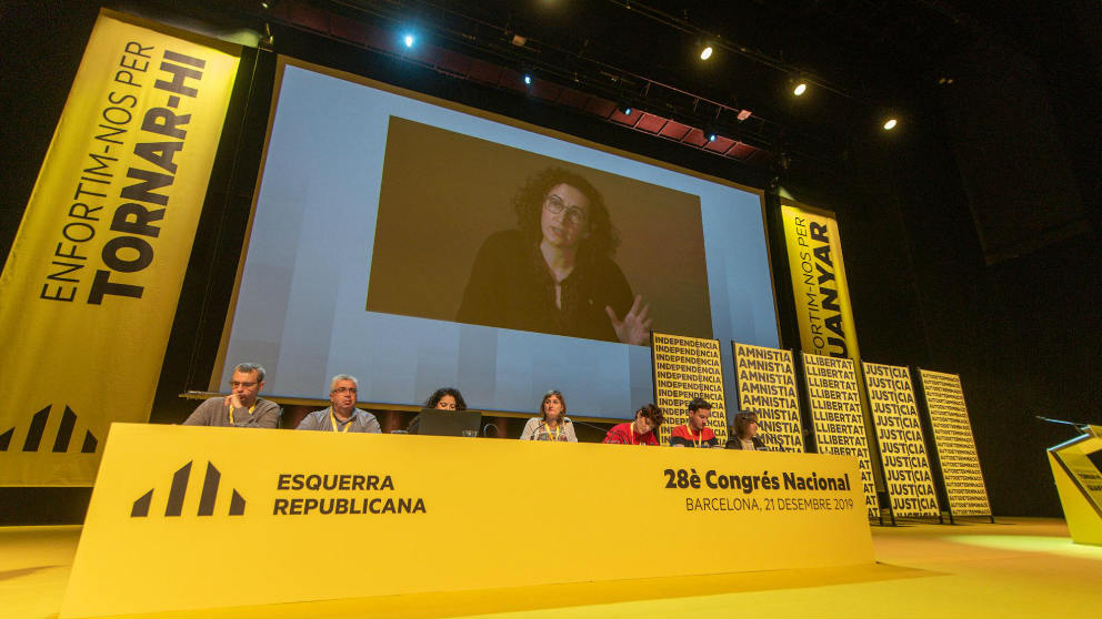 Marta Rovira, durante su intervención por vídeoconferencia desde Suiza en el Congreso de ERC.