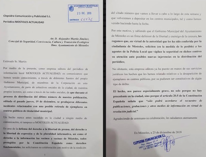 Carta remitida al Ayuntamiento de Móstoles.