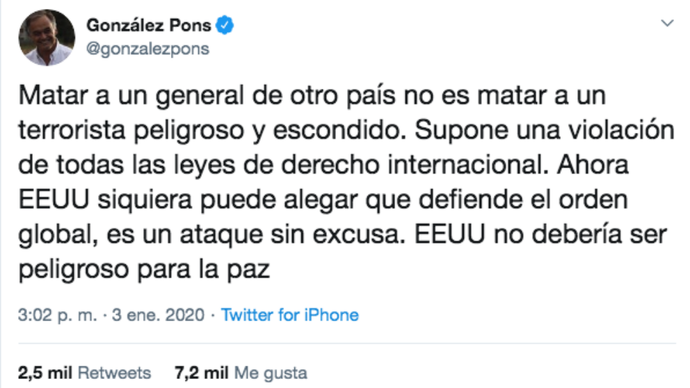 El mensaje publicado por Esteban González Pons en Twitter.