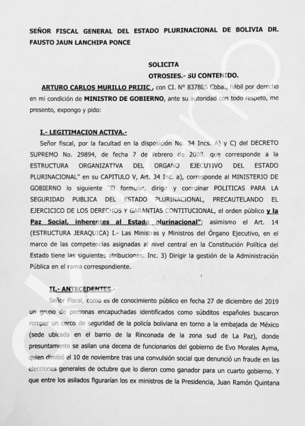 Carta del ministro Murillo a la Fiscalía de Bolivia. 