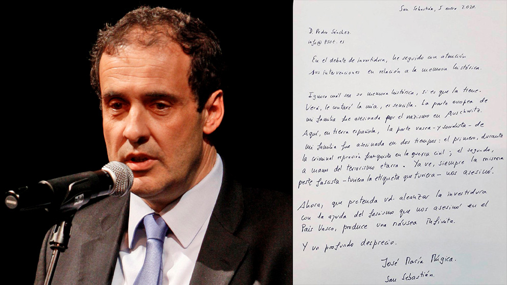 José María Múgica junto a la carta manuscrita que ha dirigido a Pedro Sánchez.