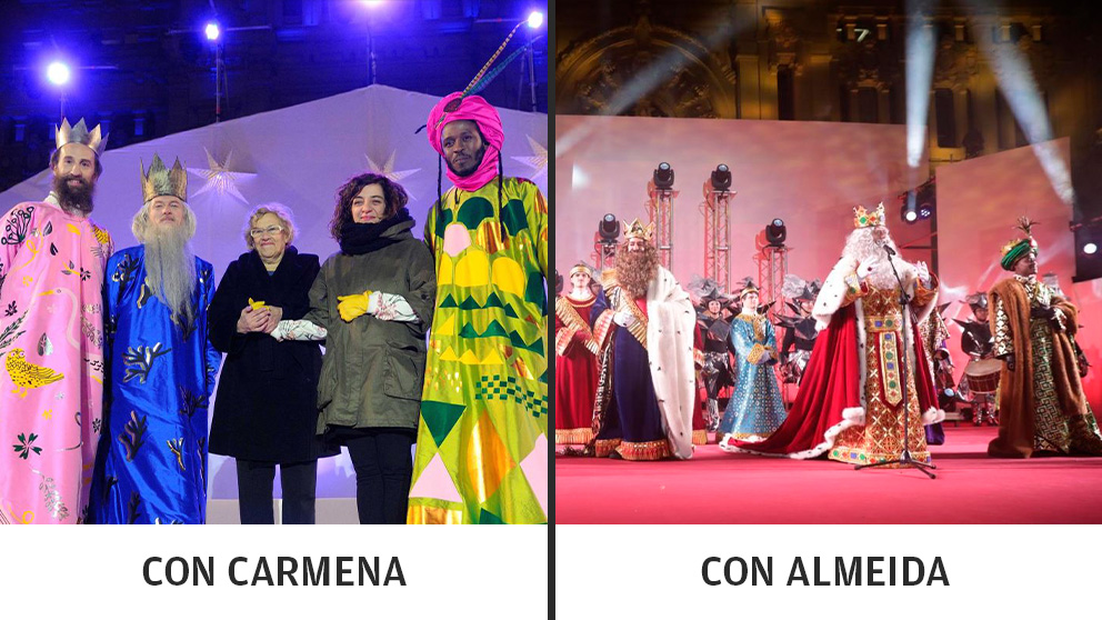 Los Reyes Magos de 2016 con Carmena, y los de este año con Almeida.