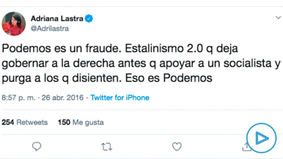 Mensaje publicado por Adriana Lastra en twitter el 26 de abril de 2016.