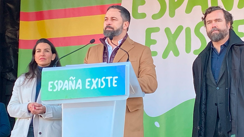Santiago Abascal durante la manifestación de España Existe frente al Ayuntamiento de Madrid.