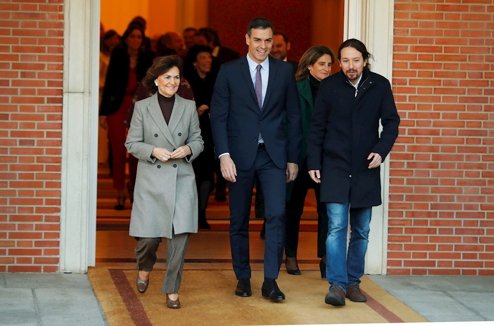 Pedro Sánchez, Pablo Iglesias y Carmen Calvo.