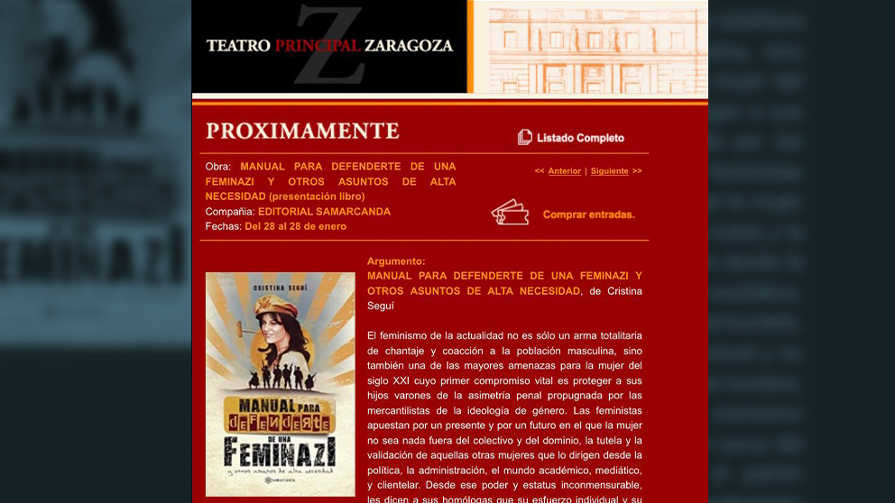 Pantallazo de la web del Teatro Principal de Zaragoza anunciando la presentación del libro de Cristina Seguí.
