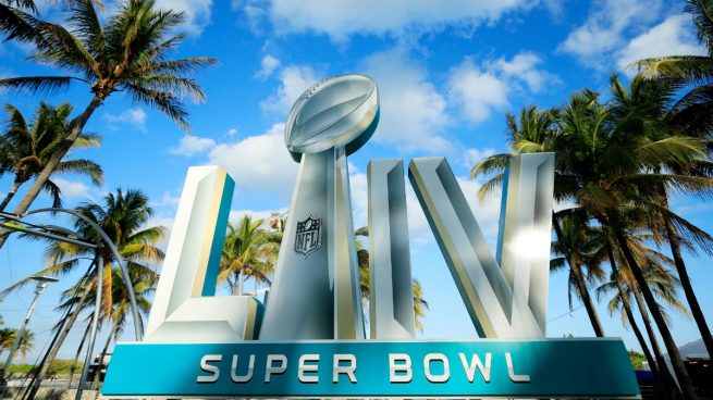 El logotipo de la Super Bowl LIV en Miami Beach (Getty).