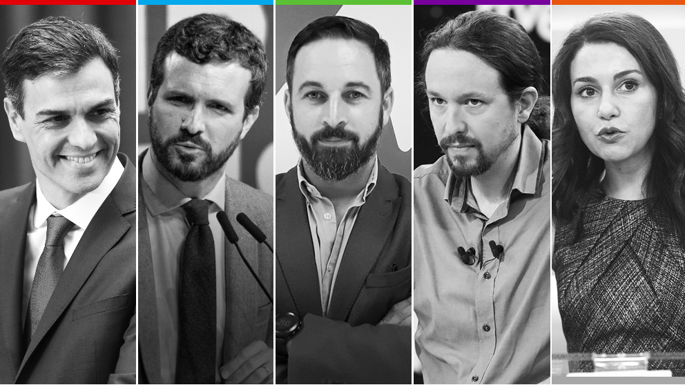 Pedro Sánchez, Pablo Casado, Santiago Abascal, Pablo Iglesias e Inés Arrimadas