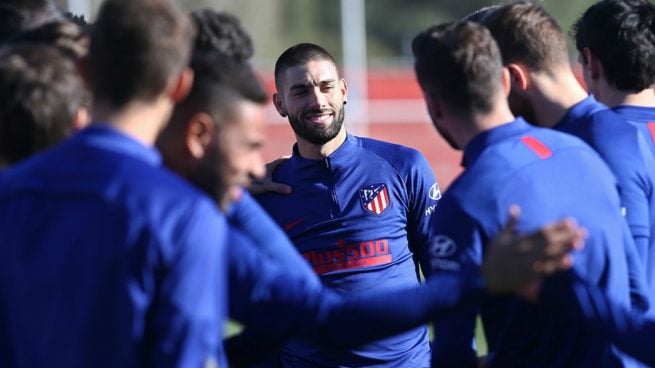 Carrasco, entrenándose con el Atlético este viernes.