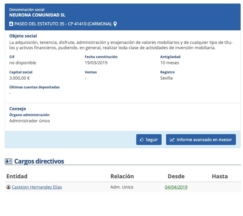 Registro de la filial de Neurona en España, la empresa que trabajó para Podemos.