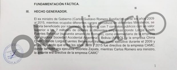 Fragmento de la denuncia del Ministerio de Justicia de Bolivia ante la Fiscalía. 