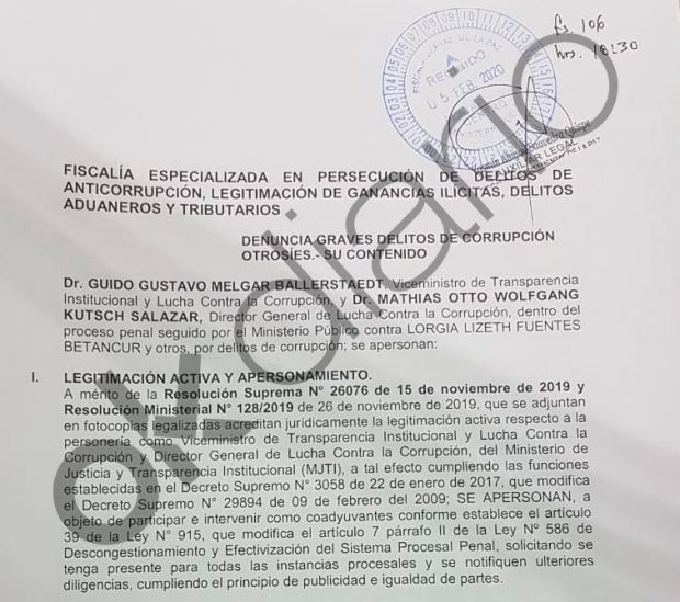 Encabezado de la denuncia del Ministerio de Justicia de Bolivia ante la Fiscalía.