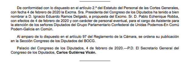 La n° 2 de Iglesias enchufa en el Congreso a su pareja tras firmar con él una hipoteca de 141.400 €