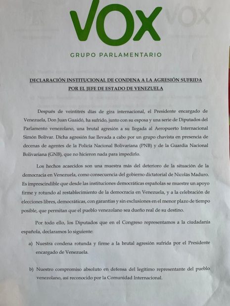 Vox impulsa una declaración para condenar la agresión a Guaidó pero PSOE y Cs rechazan firmarla