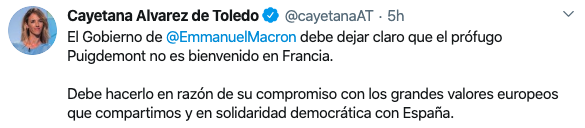 Álvarez de Toledo pide oficialmente a la Asamblea Nacional francesa su «absoluta repulsa» por el acto de Puigdemont