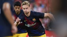 Frankie de Jong durante un calentamiento con el Barcelona. (Getty)