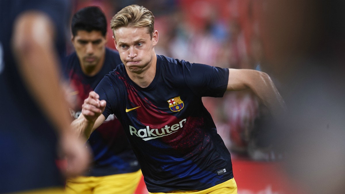 Frankie de Jong durante un calentamiento con el Barcelona. (Getty)