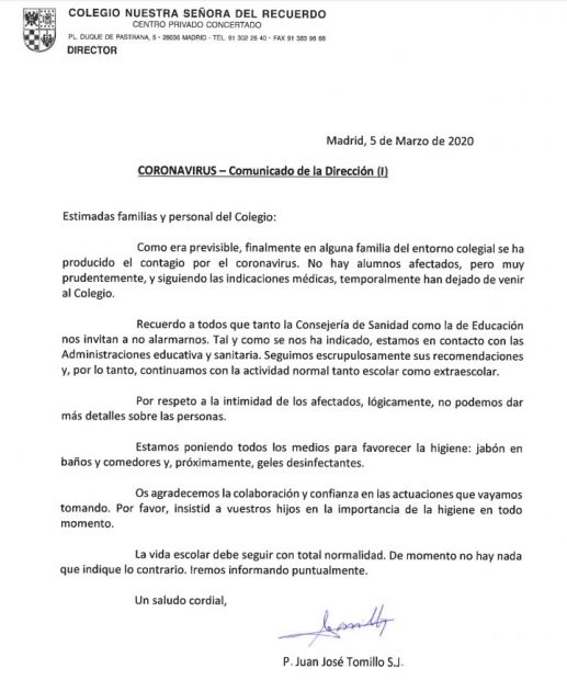 colegio senora recuerdo madrid coronavirus comunicado