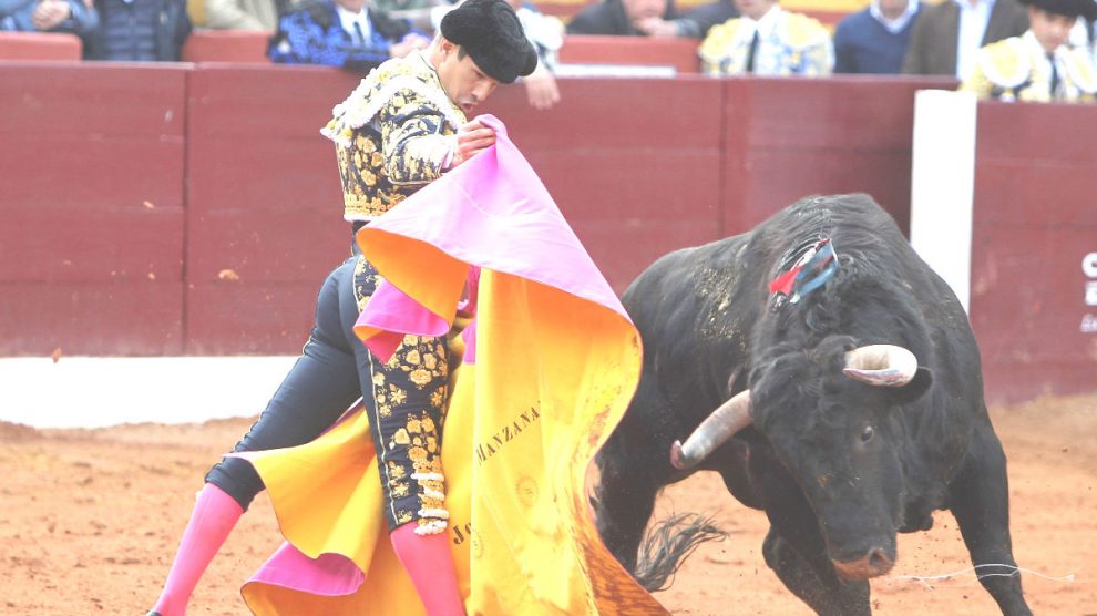 Manzanares torea con el capote a uno de sus toros (Foto: EFE).