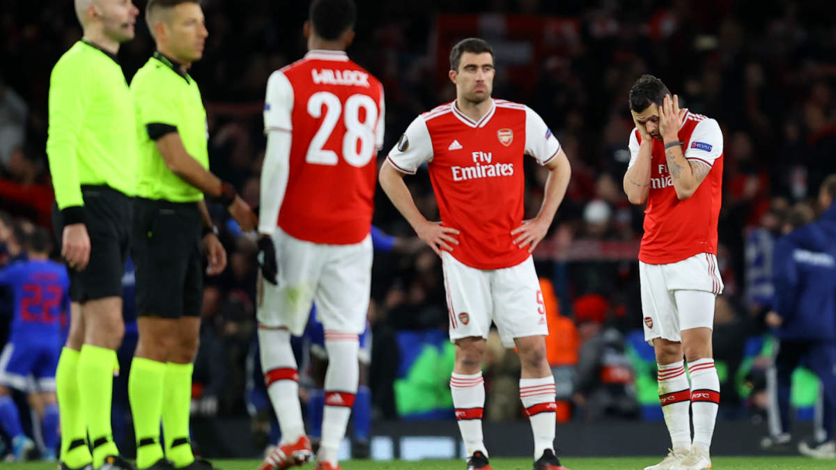 Los jugadores del Arsenal, en el partido ante Olympiacos. (Getty)