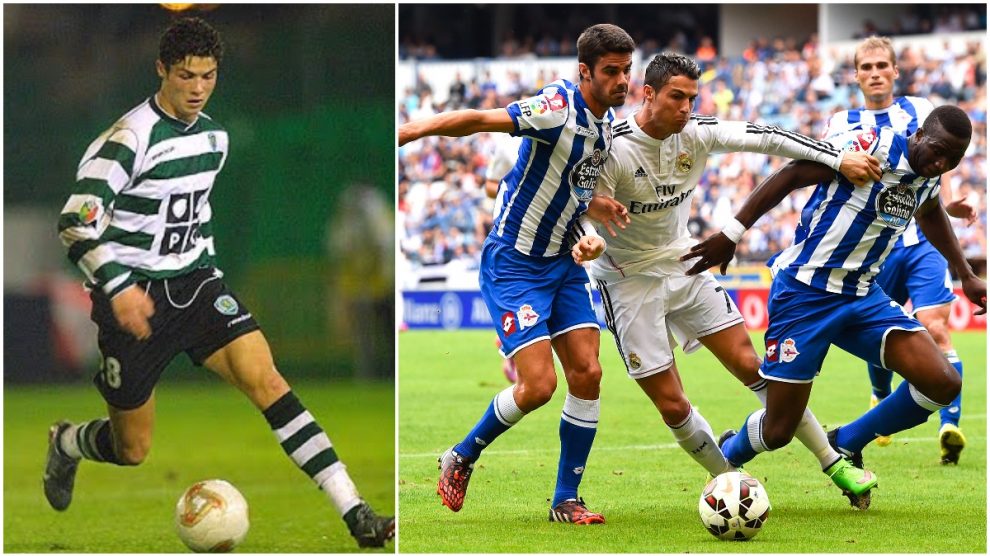Cristiano Ronaldo, con el Sporting y con el Madrid ante el Dépor.