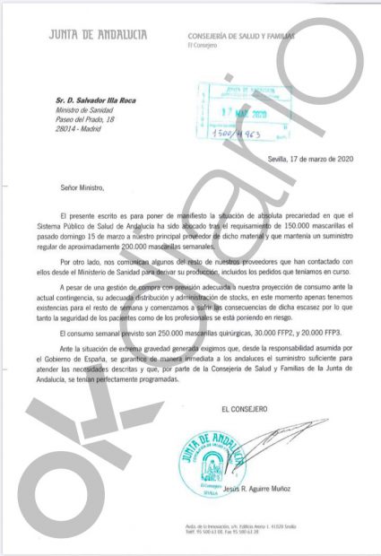 Escrito enviado por la Junta de Andalucía al ministro de Sanidad, Salvador Illa.