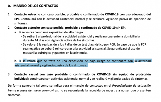 Sanidad obliga a seguir trabajando a sanitarios que han tenido contacto sin protección con enfermos