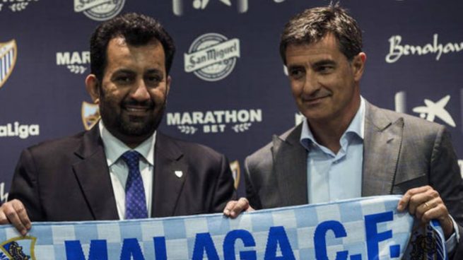 Al-Thani y Míchel, en la presentación del técnico (EFE).