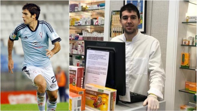 Toni Dovale, como futbolista y en la farmacia.