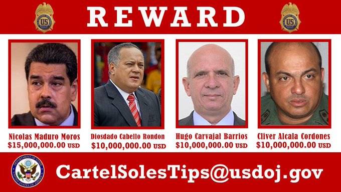 EEUU ofrece una recompensa de 15 millones por Nicolás Maduro y de 10 millones por el resto de dirigentes chavistas.