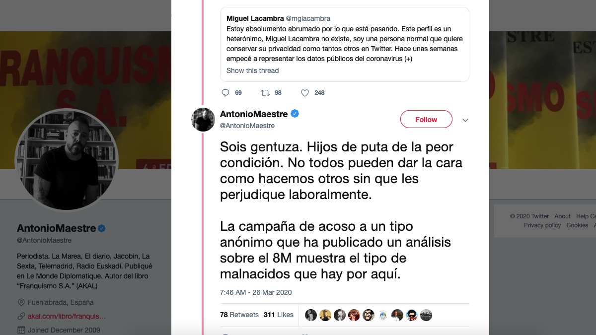 Tuit de Antonio Maestre sobre la polémica sobre Miguel Lacambra.
