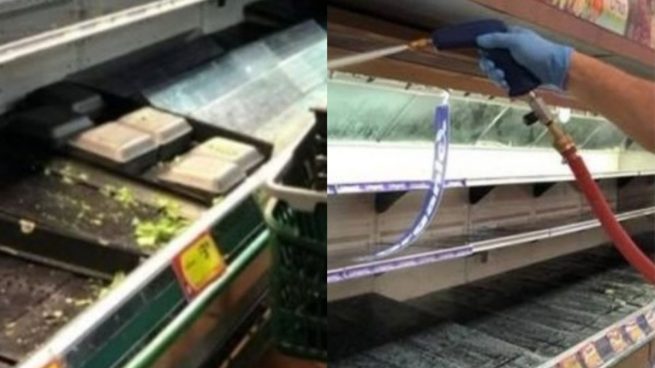 Una mujer tose sobre la comida en un supermercado en Estados Unidos