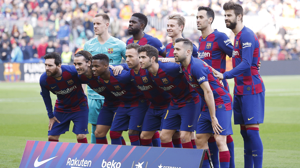 Los jugadores del Barcelona, antes de un encuentro de Liga esta temporada (Getty)