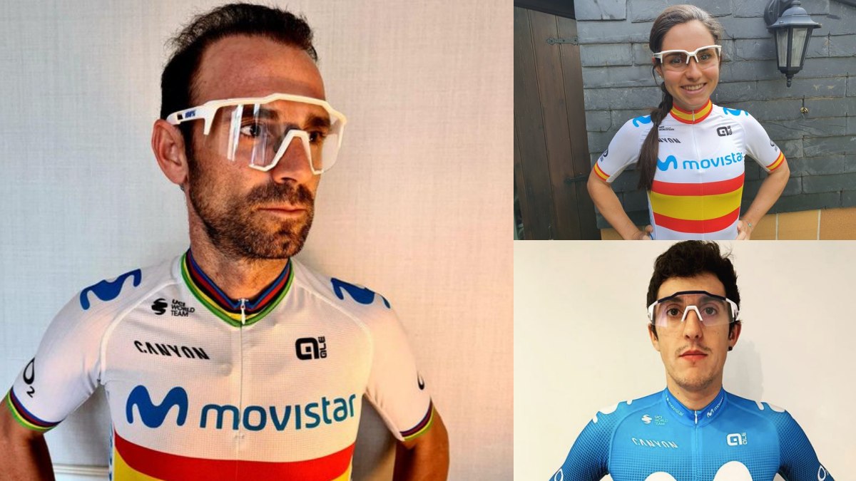 Alejandro Valverde, Lourdes Oyarbide y Marc Soler posan con las gafas donadas.