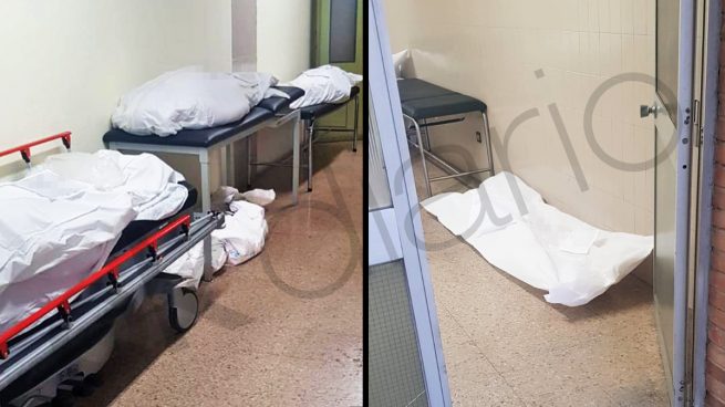 Cadáveres de fallecidos por coronavirus en el suelo del hospital Príncipe de Asturias de Madrid.