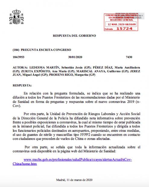 Moncloa admite al Congreso que no controló el virus en los aeropuertos y sólo repartió folletos
