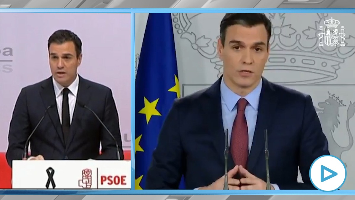 A la izquierda, Pedro Sánchez con corbata negra por los atentados de París en 2015. A la derecha, una de sus comparecencias por la epidemia