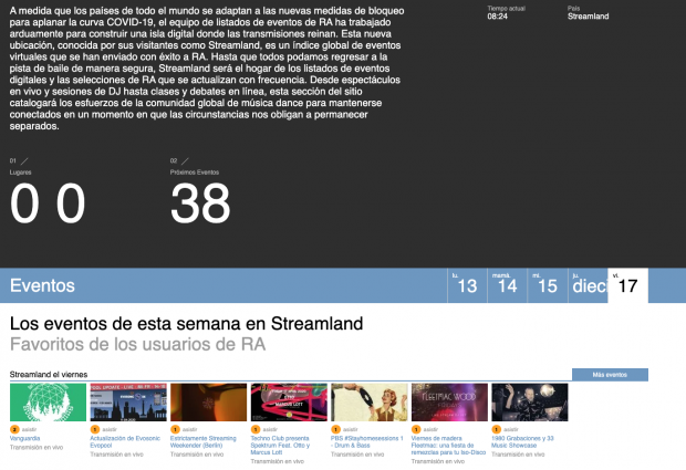 Una captura de pantalla del portal web 'Streamland' habilitado por REsident Advisor para reunir todas las iniciativas digitales a raíz del confinamiento por el coronavirus. 