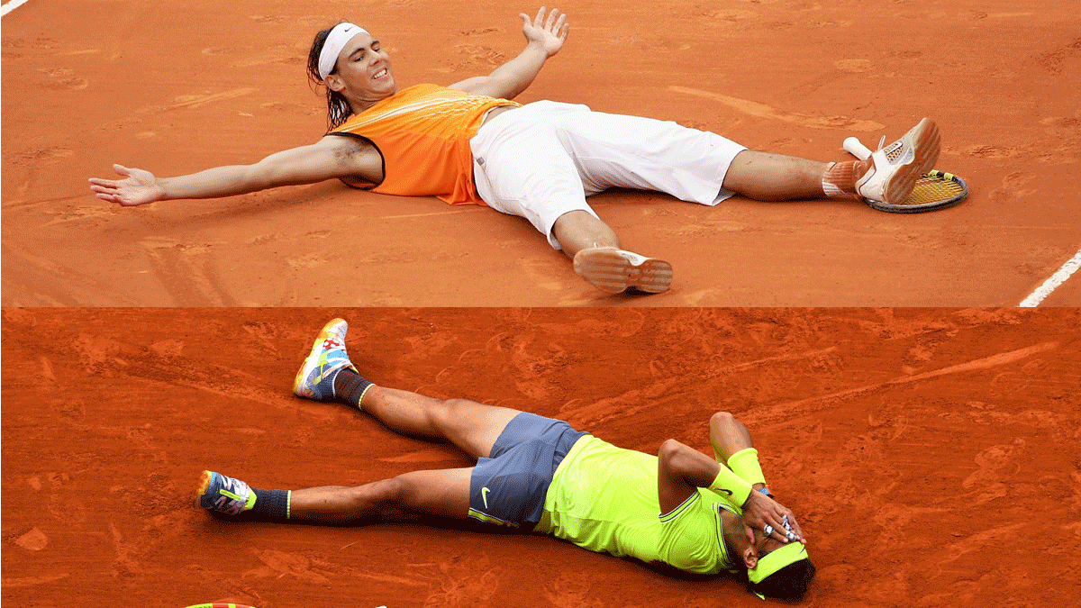 Arriba, Nadal, celebra su primer título en Montecarlo en 2005; abajo, tras su victoria en Roland Garros en 2019 (Getty)