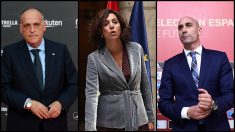 Javier Tebas, Irene Lozano y Luis Rubiales. (AFP)